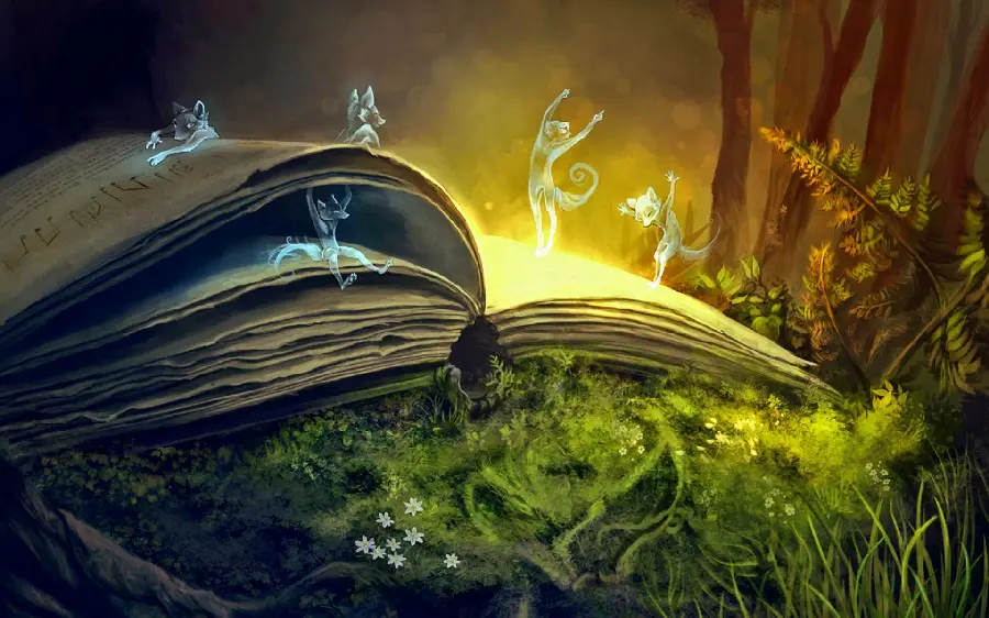 Magical HD photo with glowing foxes inside a book