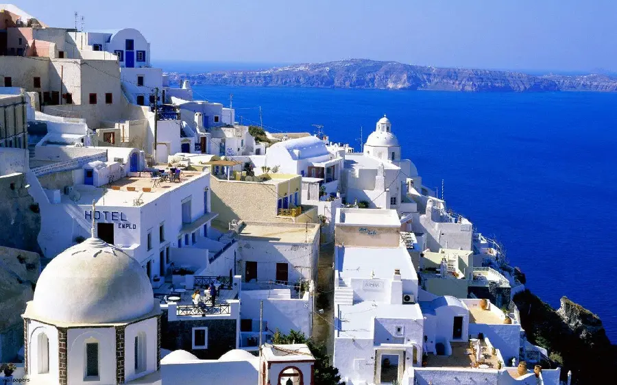 Daytime shot from the roofs of houses and hotels in Santorini