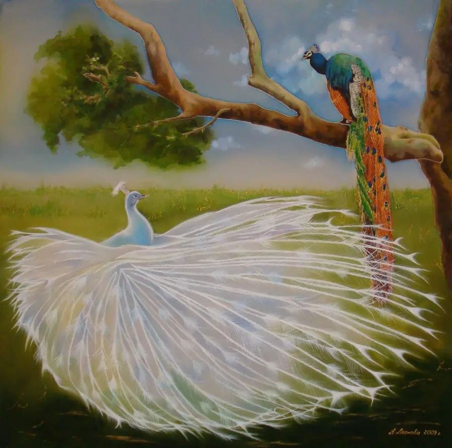 Fantasy image and painting of two peacocks, one colored on a tree and the other pearly white