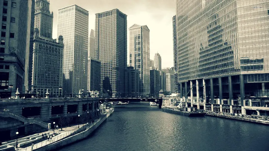 Dark Profile Photo of a City with Tall Buildings on a Flowing River