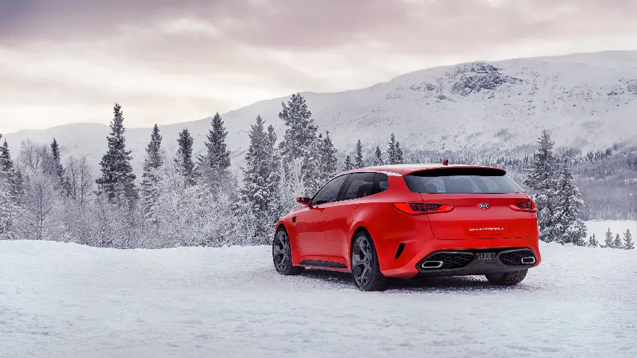 Sparkling photo of a red luxury car in snowy nature
