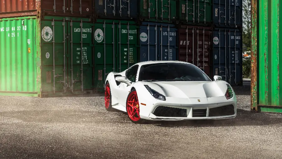 Download Classy Wallpaper of White Ferrari with Red Rims at Customs