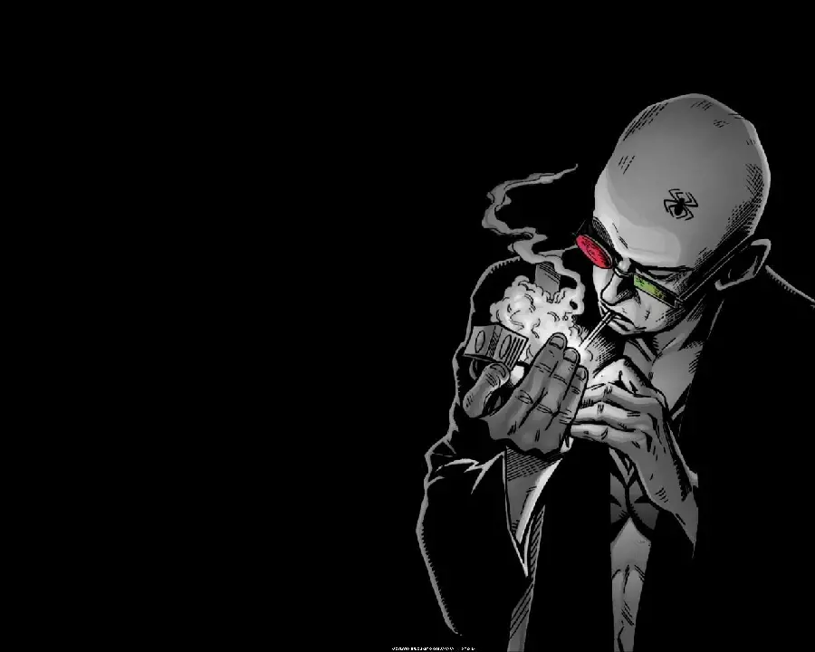 Awesome Vector of a Man with a Spider Tattoo on His Head and Green and Red Smoked Glasses and Cigarette Smoke Lit with a Lighter