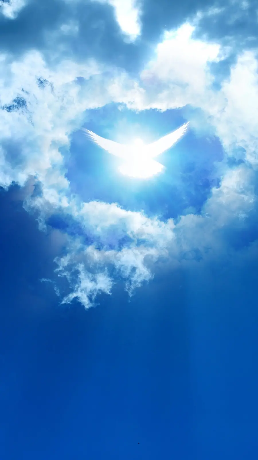 A famous poster of a white dove against the sunlight surrounded by clouds in the blue sky