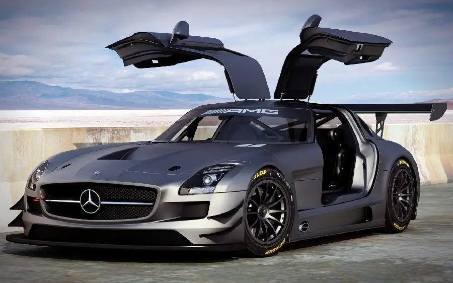 Download the eye-catching background image of a gray Mercedes-Benz with gullwing doors