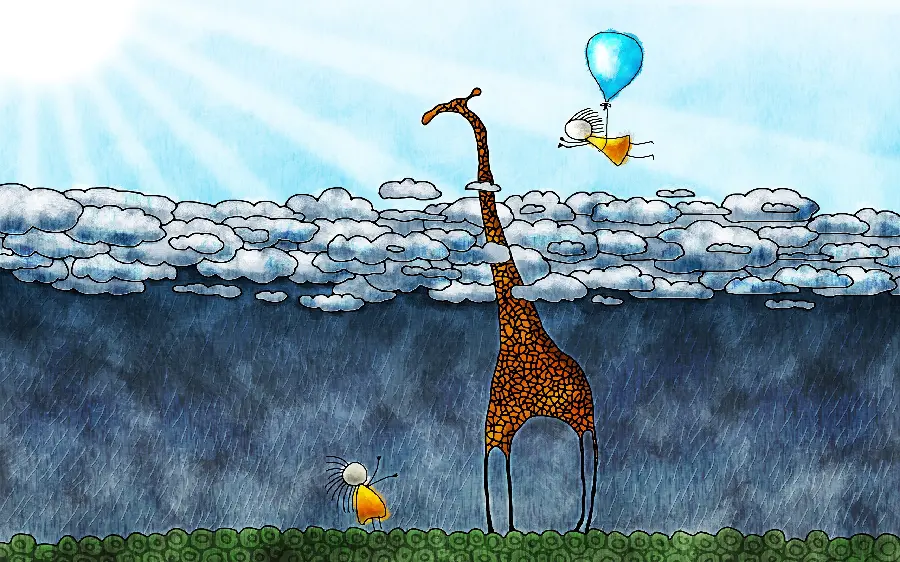 Download a dreamy graphic image of a giraffe emerging from the clouds with kind artistic figures, very suitable for Windows profiles and wallpapers