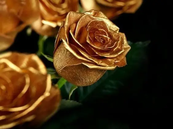 Fantasy and artificial image of golden flowers with beautiful green leaves
