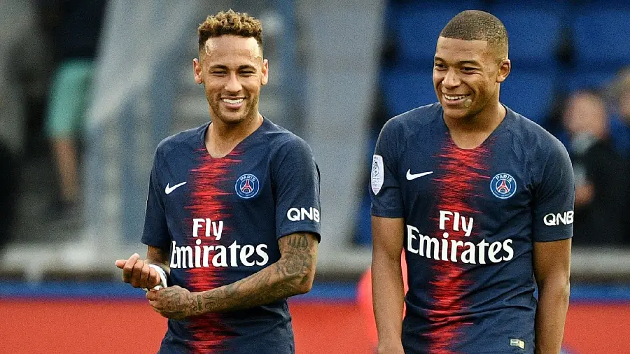 Fresh vector of Neymar wearing a wristband and smiling next to Mbappe suitable for Telegram