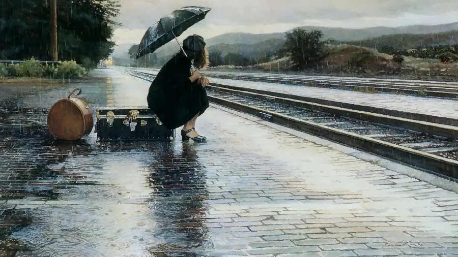 Sad girl under the rain waiting for the train for telegram profile 