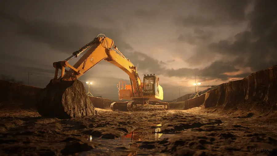 New rough image of a big yellow excavator at work