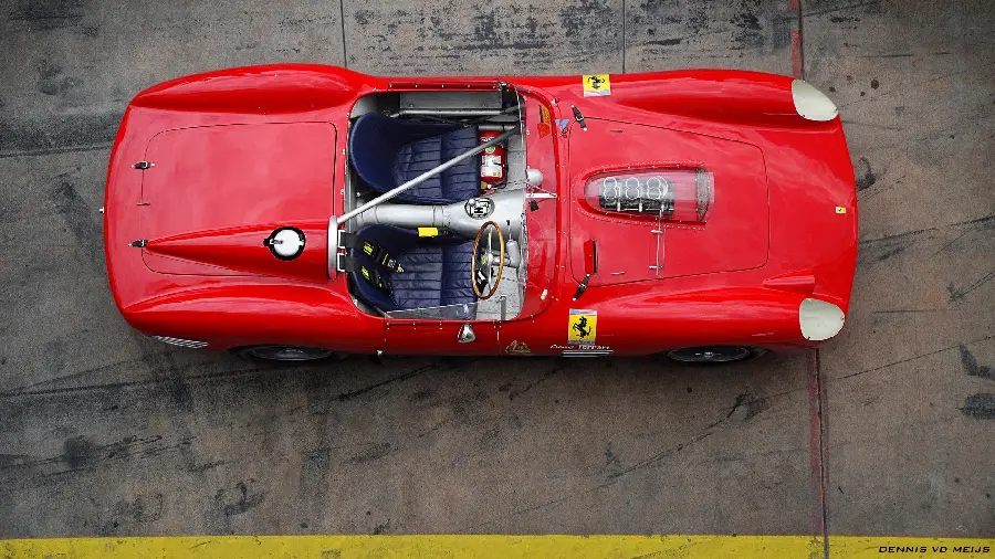 Creative background of the top view and beautiful interior of an old and classic Ferrari car in HD quality
