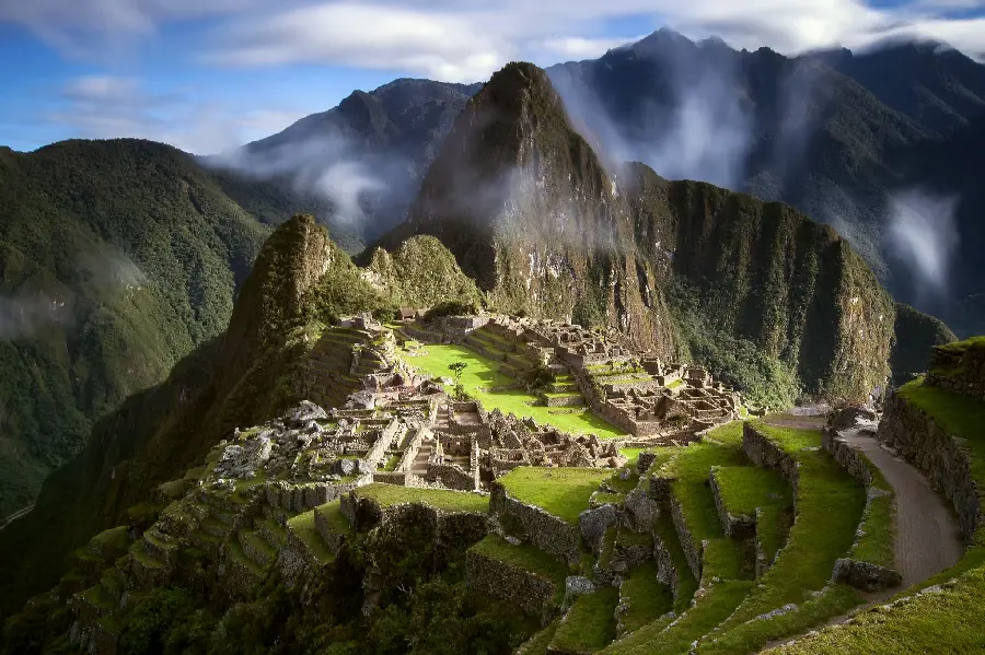 Download the energetic background image of the distant view of the lost city of Machu Picchu