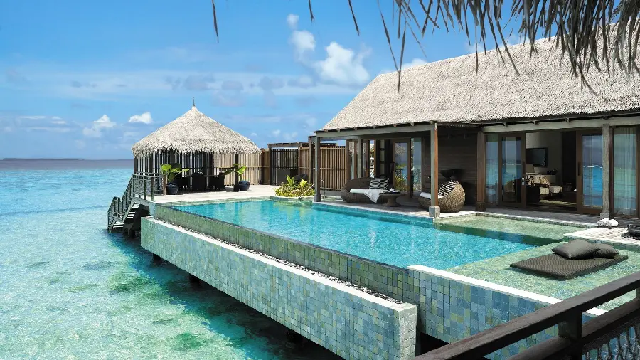 A special modern and special smartphone background image of a beach house villa with a rectangular pool in hd quality