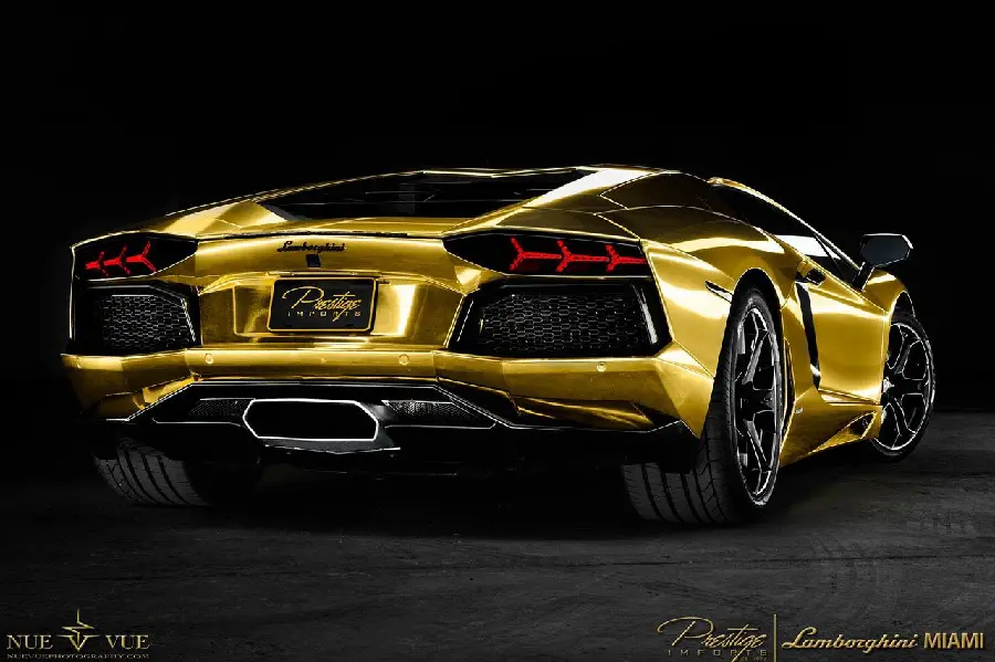 Beautiful and unique poster of a golden Lamborghini from the back