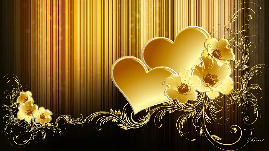 A lovely postcard background with a beautiful design of golden flowers and two hearts