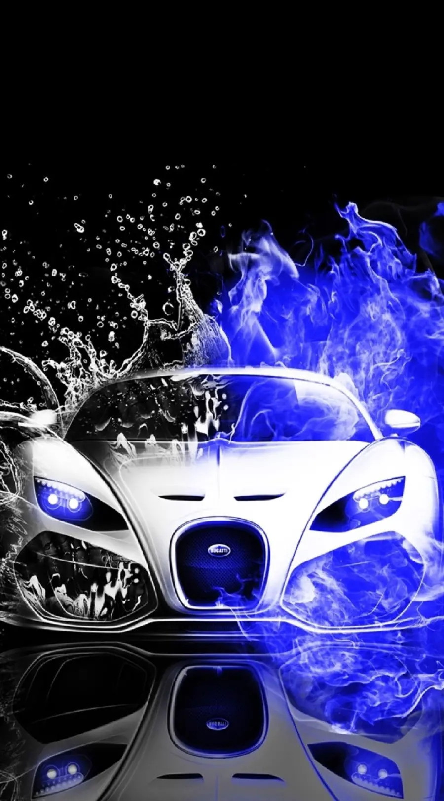Download Cool Fantasy Bugatti Car Wallpaper with Carbon Blue Flames and Water Drops for iPhone