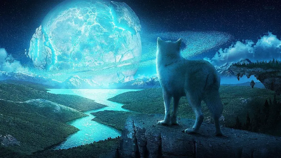 Free download of a fantastic image of a moon and wolf with an eye-catching blue-green theme 