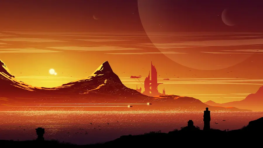 Free download of a unique image of a game scene with an orange sunset theme in 8k quality