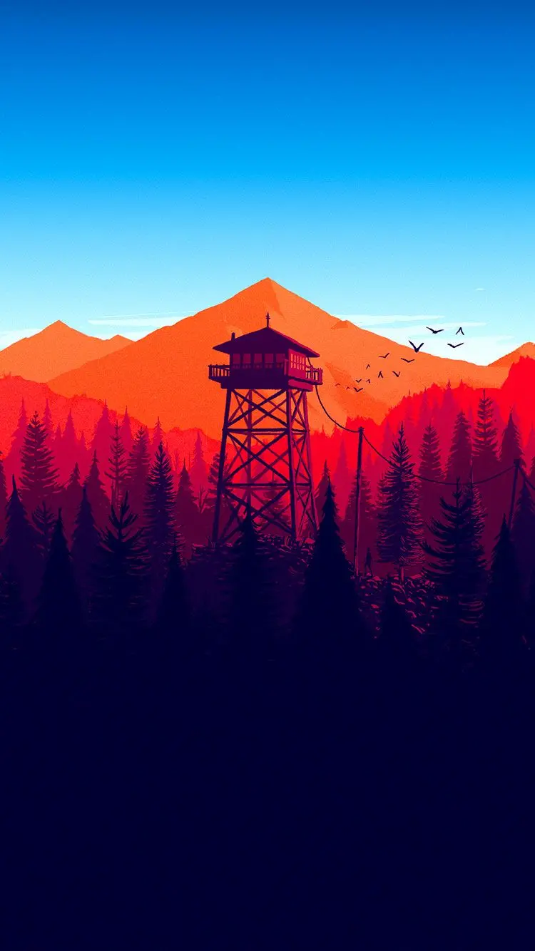Cool fantasy photo of a wooden mast in front of an orange mountain overlooking the forest