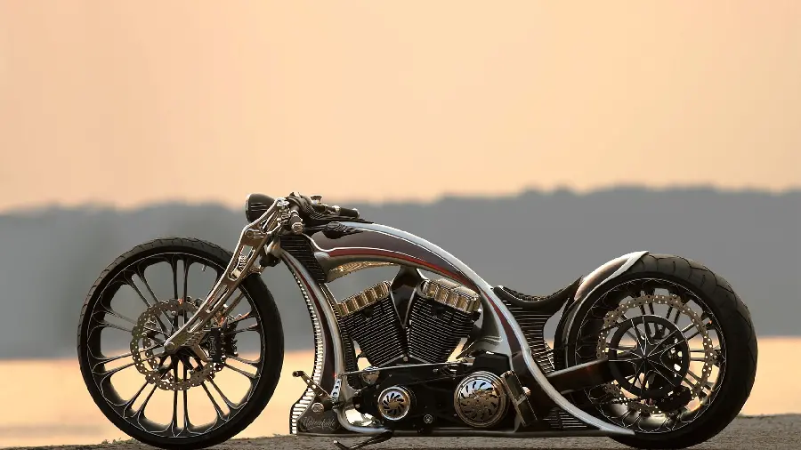 Stock image of a new and heavy custom rim motorcycle in nature