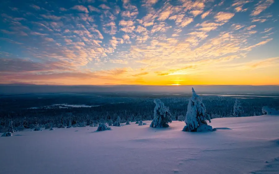 A stunning wallpaper of sunrise in the heart of cold snowy nature 