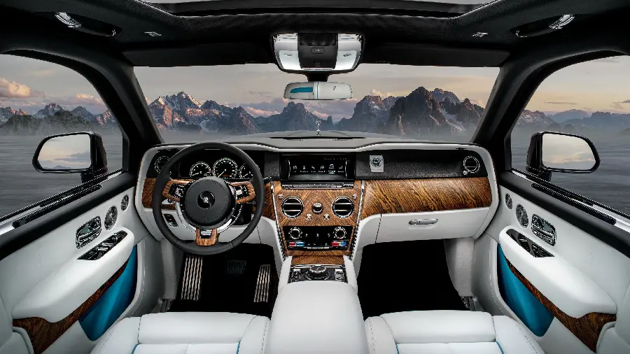 Clean and tidy background of Rolls Royce interior in vast mountains