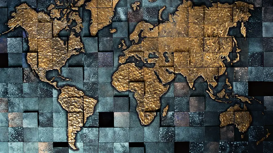 Download a photo of a brilliant and golden map of the world in 8k quality
