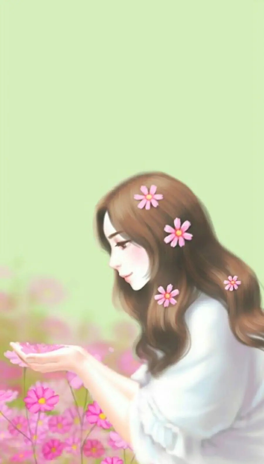 A spectacular wallpaper of a beautiful girl with beautiful hair next to pink flowers 