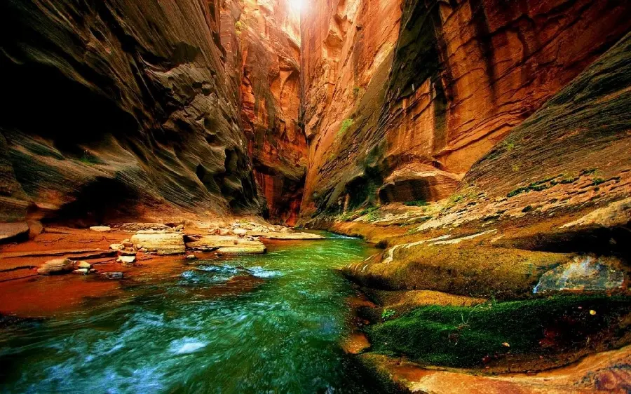 Wild nature images and river scenery flowing among hard rock cliffs in HD quality