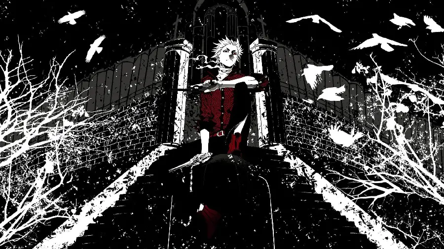 A masterpiece vector photo of a warrior anime boy with a gun in a red and black theme