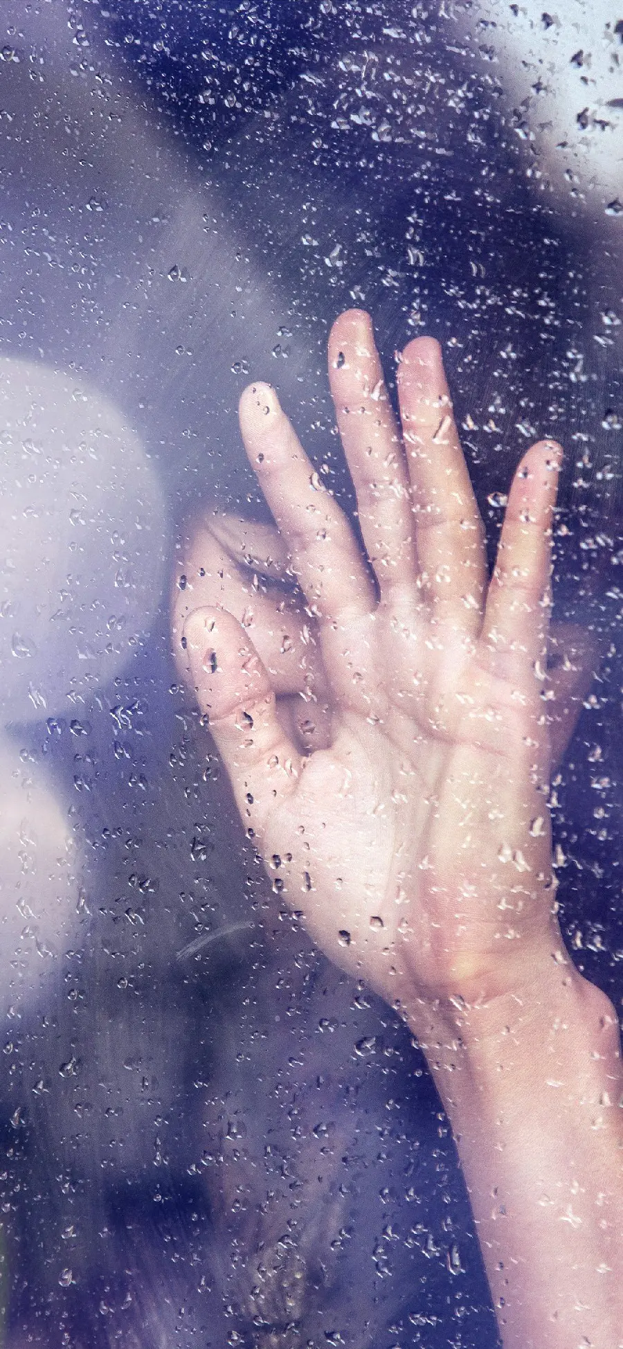 Vector smiling girl sticking her hand and face to the glass in real rainy weather