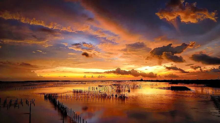 Magical and special wallpaper of sunset at sea with beautiful colored lights 