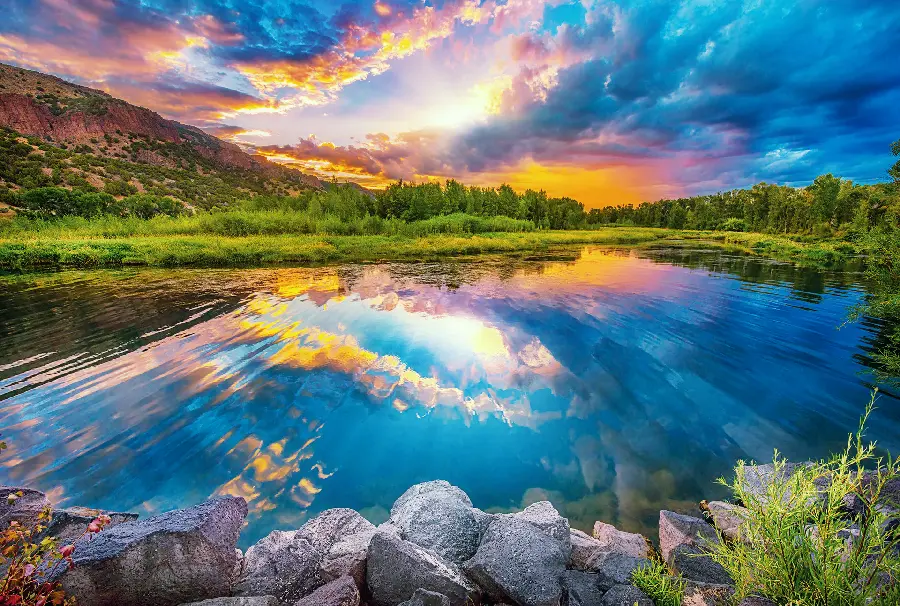 Download fantasy photo of wild nature and landscape photo Fountain and stones and blue sky