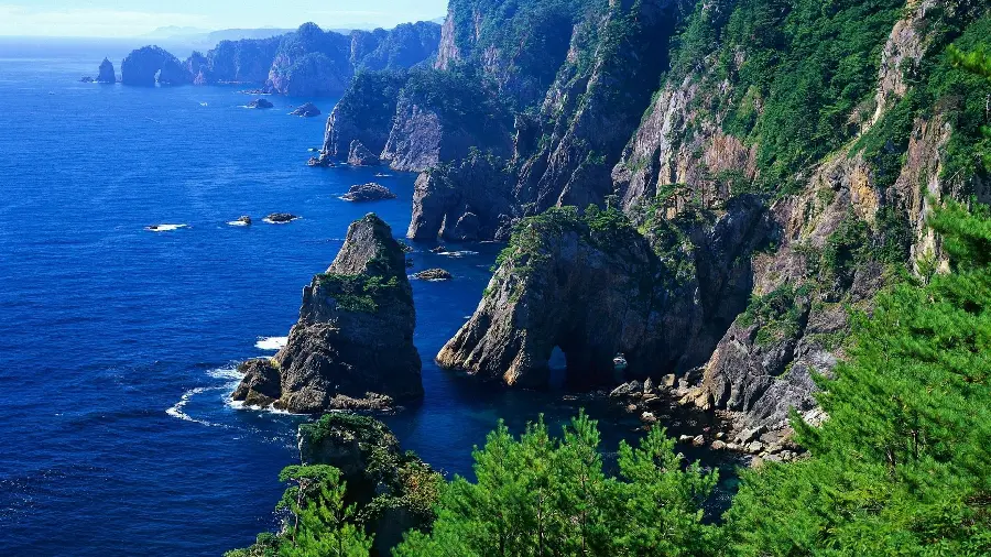 Attractive background image of the ocean and many mountains and green plants