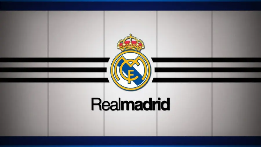 Download a high-quality HD wallpaper of the Real Madrid logo on a white background with three black lines on both sides