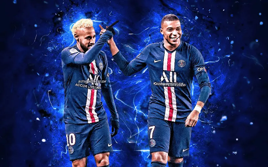 Beautiful picture of Neymar and Mbappe, players of Paris Saint-Germain, on a blue field and smiling together