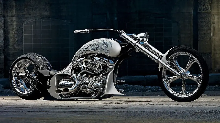 Attractive and fashionable profile picture of a new and heavy custom motorcycle in pure quality