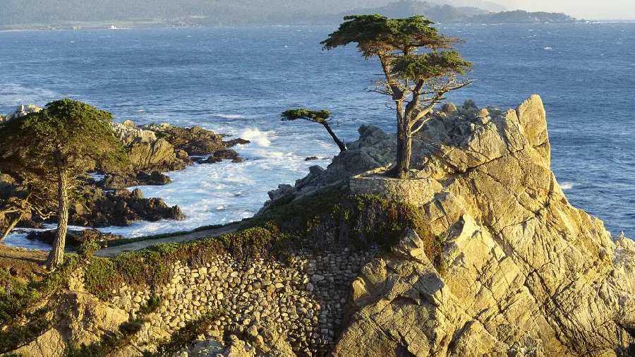High quality Instagram background of ocean and hard mountains with a few trees