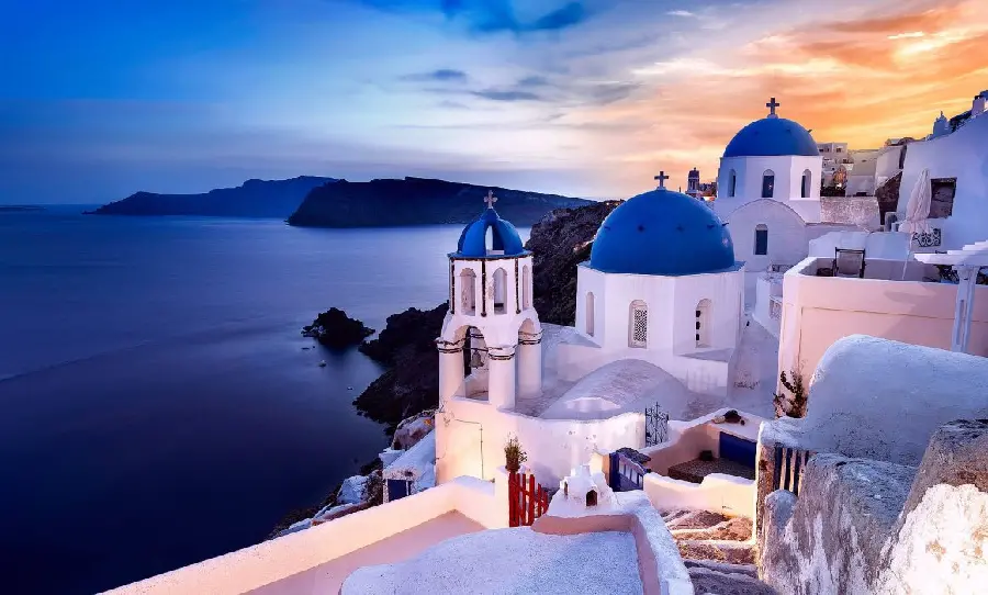 Attractive view of white houses of Santorini island in HD quality