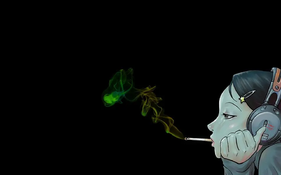 The most beautiful dark girly wallpaper with a girl smoking with headphones on her ears in Full HD quality