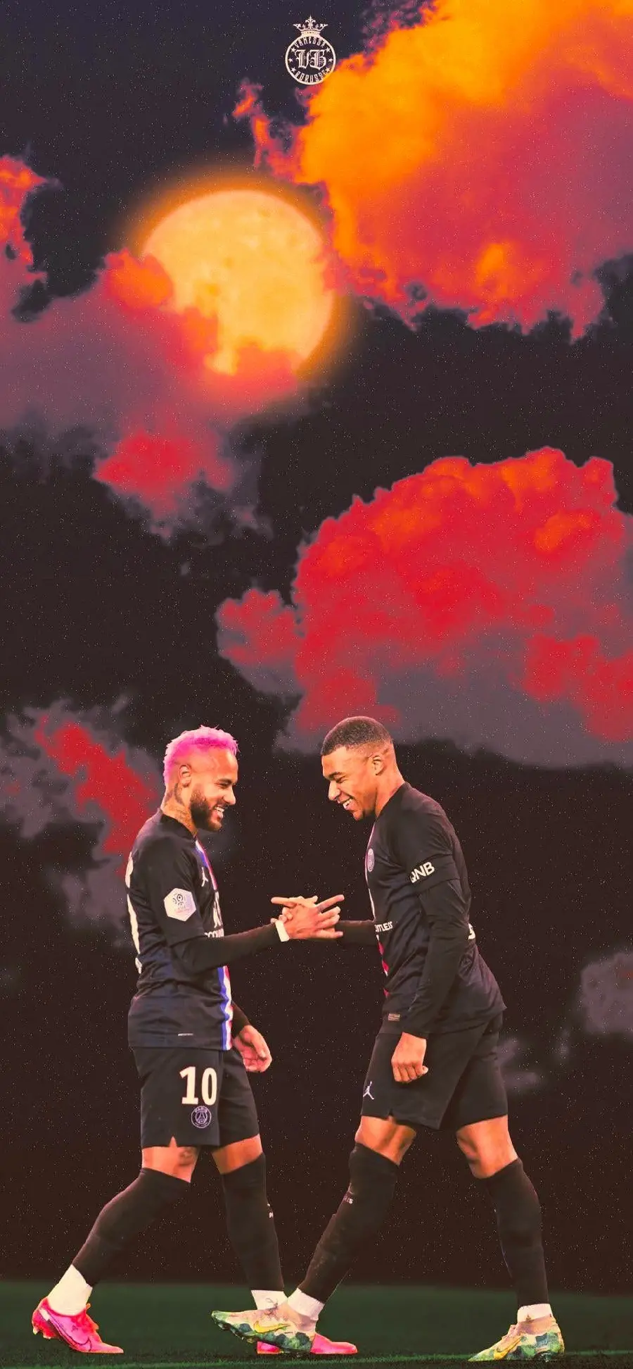 Download a fantasy image of Neymar and Mbappe with a pink and gray cloudy background