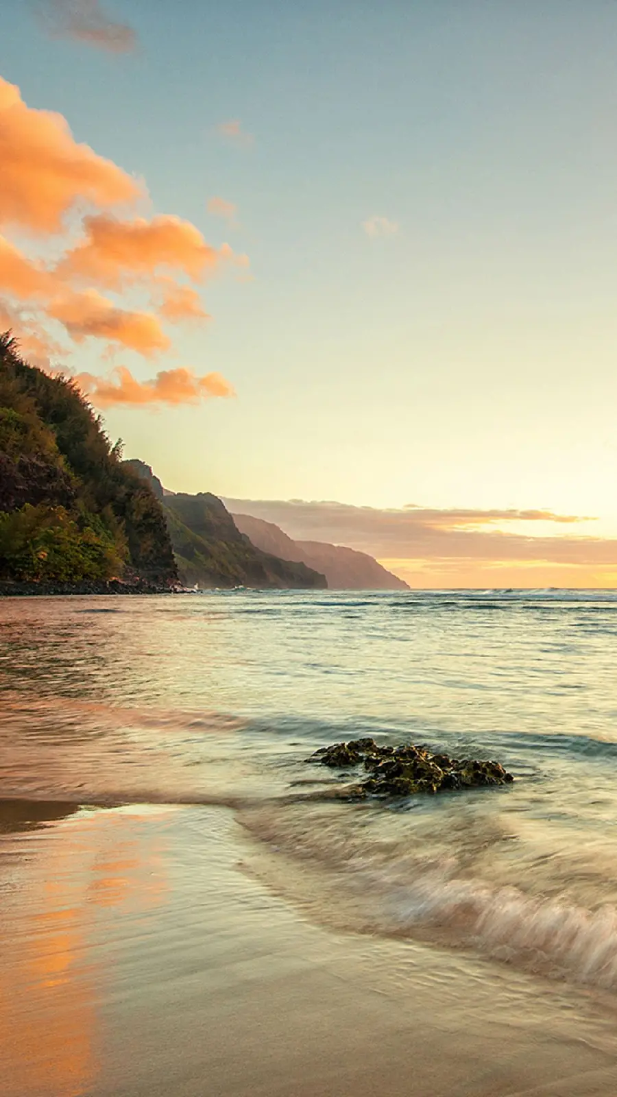 A lovely poster of a delightful view of the vast ocean and a mountain with orange clouds in high quality hd