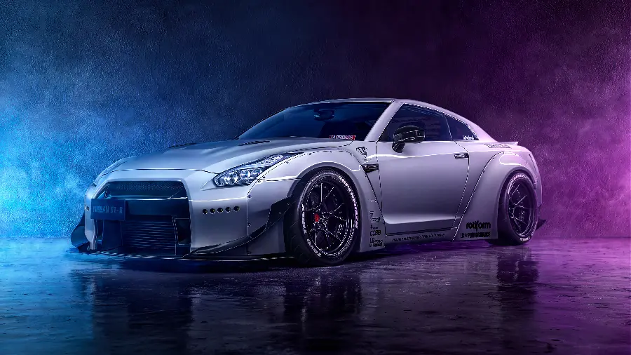 Photo of Nissan GTR sports car for wallpaper with blue background