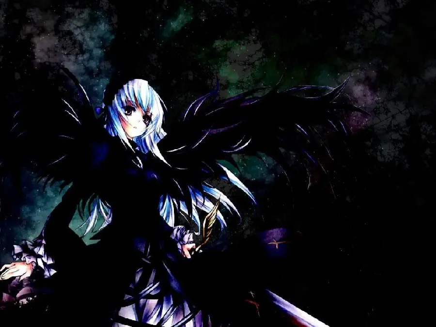 Glowing wallpaper of an anime girl with blue hair in a dark space for desktop
