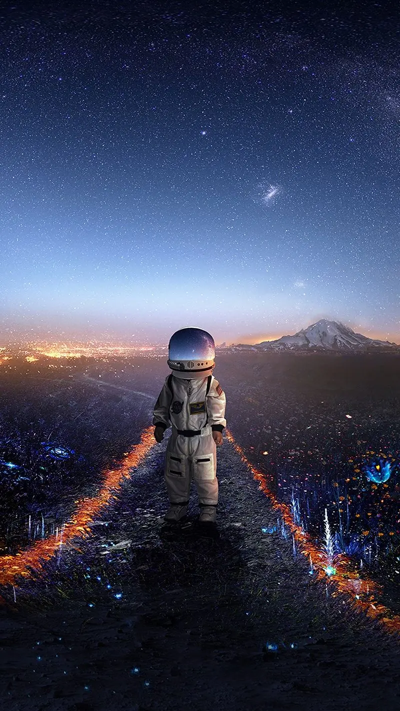 The latest photo of an astronaut under the starry sky on a shining path in 8k quality