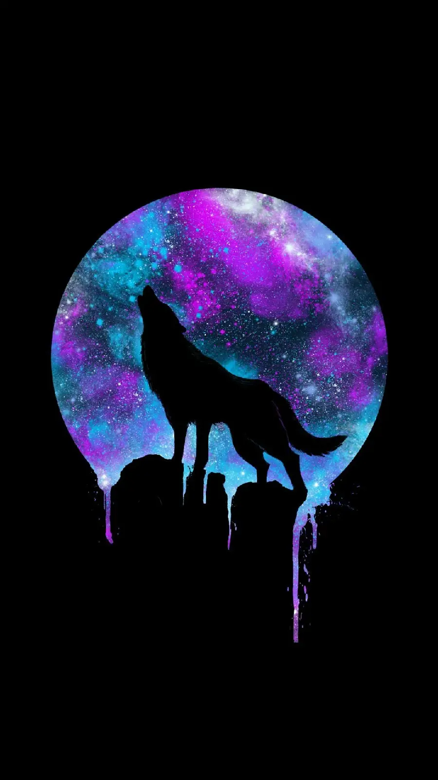 Digital image of a wolf and the moon with a purple galaxy theme