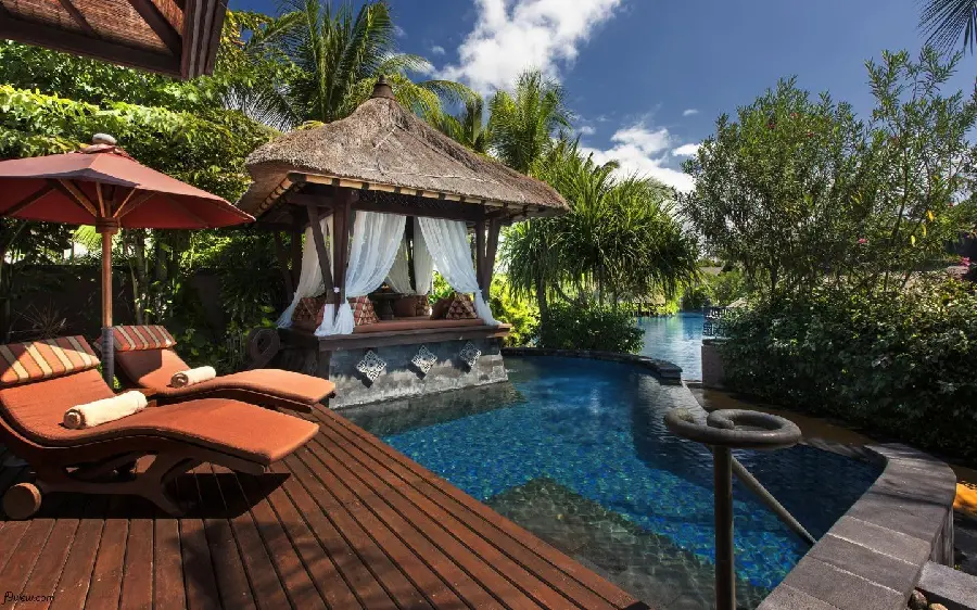 Latest Stylish laptop background of a beach house villa and 2 sun loungers and a swimming pool in top quality