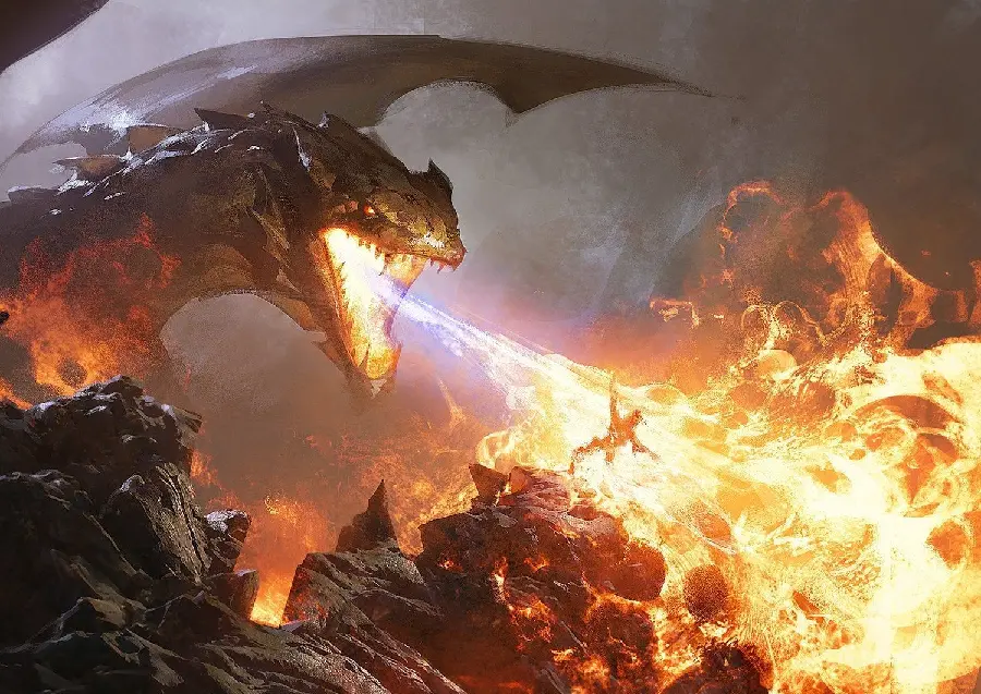 Awesome view of a dragon shooting hot fire from its mouth for a profile