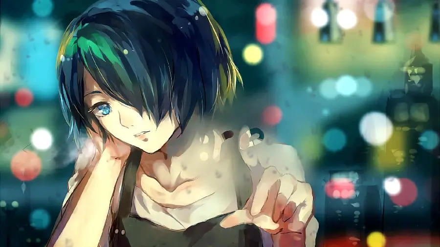 Fantasy image of a short-haired girl writing on a steamy glass in the rainy weather anime high quality hd