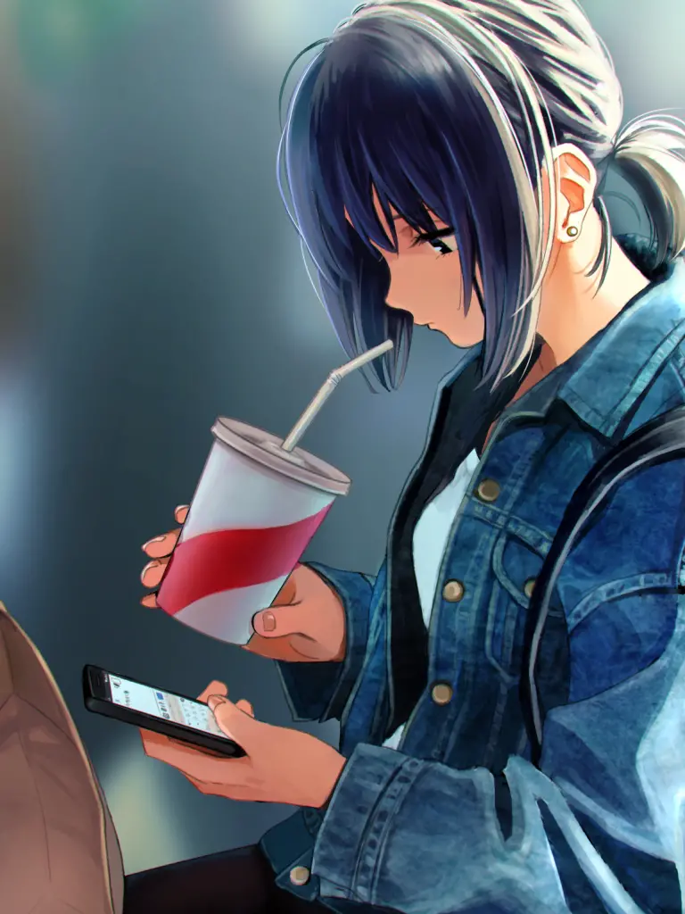 Popular anime photo of a girl drinking Drinking juice and working on the phone 